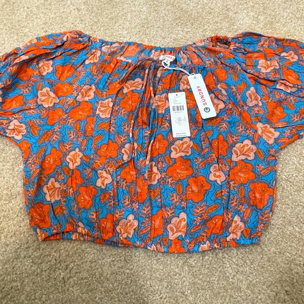 NWT SUNDRY  Anthropologie floral off shoulder tie front size XS - Picture 3 of 7